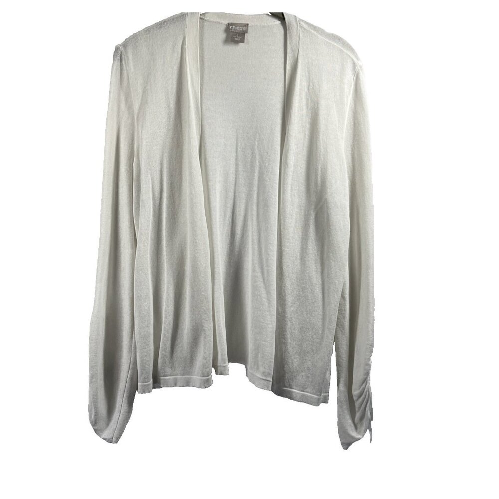 Chicos Women's Cardigan Sweater Med Solid White Ruched Long Sleeves Open Light‎